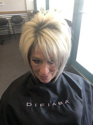 Platinum blonde asymmetrical bob