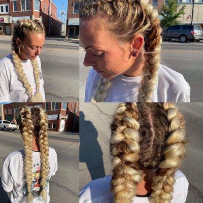 Dutch braids with tensil extensions. Thaddeaus Prince is the stylist.