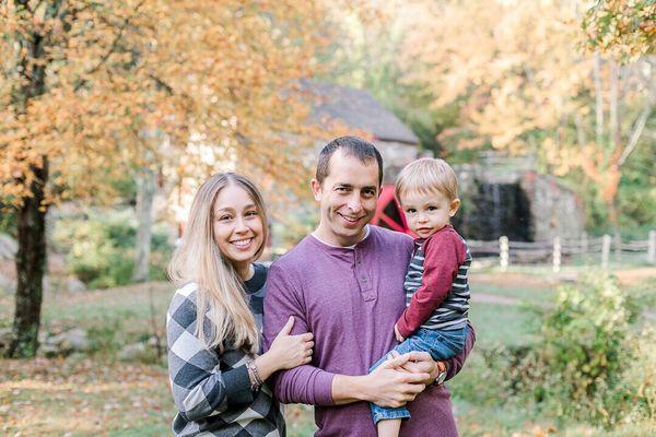 Sudbury Grist Mill fall family photos. Mom, dad, and son