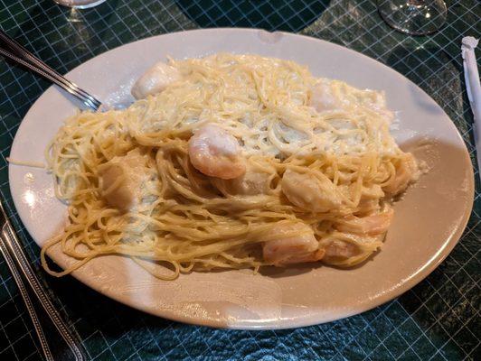 Shrimp and scallop Alfredo with angel hair pasta