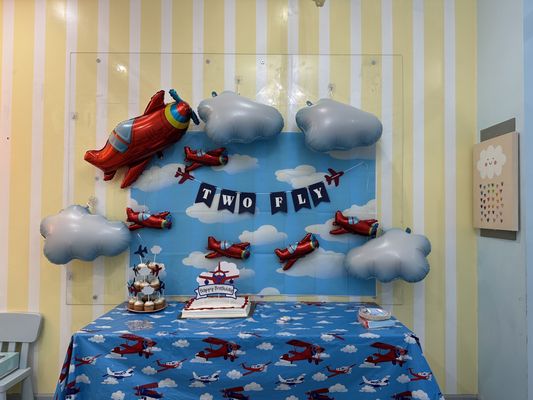 Cute party room with plastic board to help hang decorations