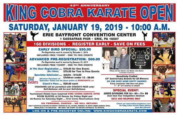 43rd Annual King Cobra Karate Championships  January 19, 2019 Bayfront Convention Center 2 Sassafrass Pier  Erie, PA