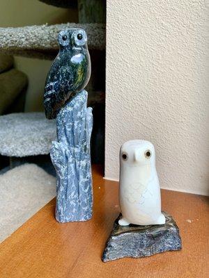 My owls from Alaska Fine Art; soapstone on the left, walrus tusk on fossilized mammoth tooth on the right