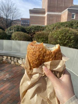 ham and cheese croissant. during the right time of the year, chipmunks will come up to you and eat the flakes that fall off each bite.