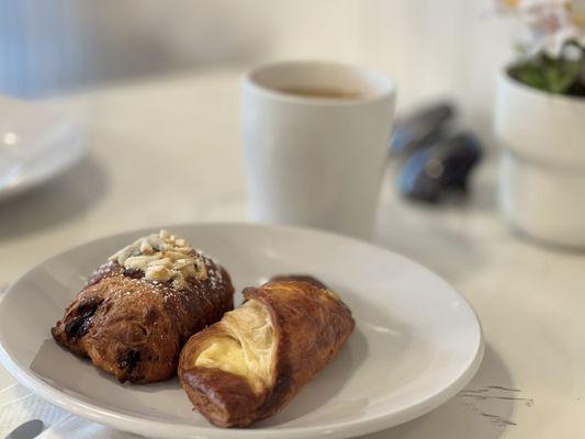 Afternoon repast: Chocolate Almond Croissant and Danish.