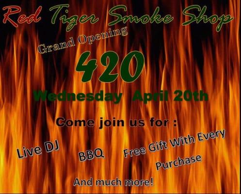 Grand Opening celebration on 420. Come join us as we kick off a new start with music, BBQ, and free gift with purchase. We will start at 5pm