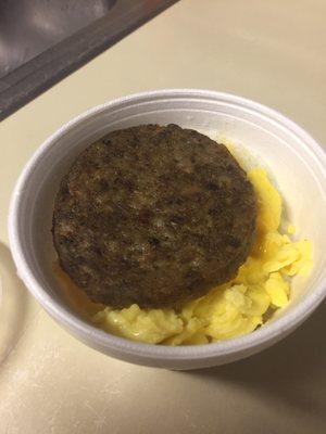 The sausage scrambler! Grits, cheese, eggs and sausage in one convenient bowl.