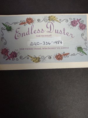 Business card
Endless Duster
Gail McInturff
540-336-1484