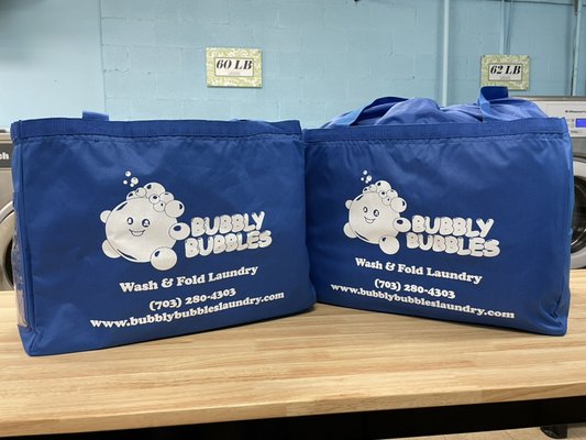 Bubbly Bubbles laundry bags. Free to our frequent customers that reach 100lbs of wash and fold!