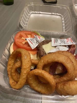 Burger and onion rings