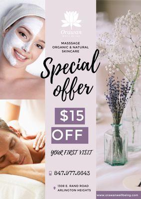 Receive $15 your first massage, facial and body wrap.