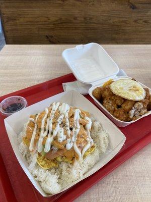 Smoked salmon & avocado on rice, egg tots.