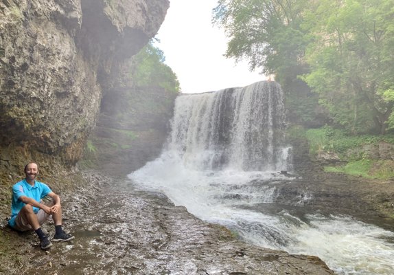 Down at the base of Vermillion Falls. The mist from the splashing falls makes the appearance a little hazy.