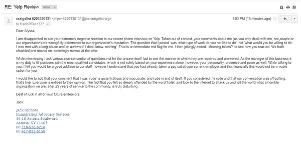 The email I received from Mr. Jack Gilmore after he confused someone else's review with my name. Shame.