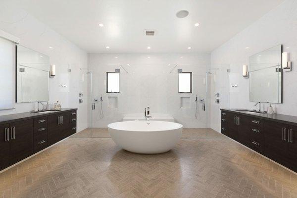 One of a kind.  Master Bath Remodeling -  Free standing tub - Slab walls - The Bridges - Rancho Santa Fe,  San Diego,  California.