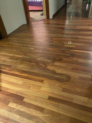 This is the flooring work he did with uneven stain, no sanding and awful work. We need to hire a professional to fix