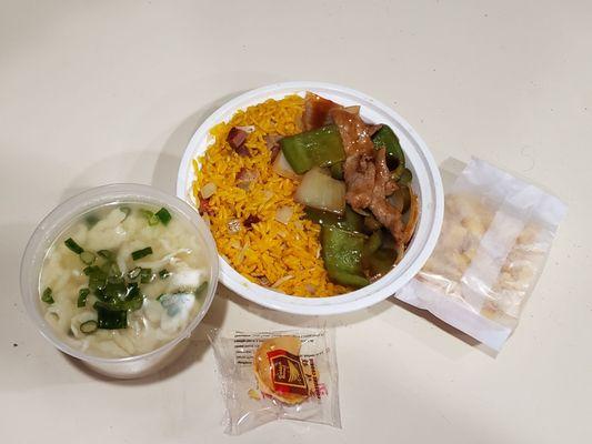 Lunch , pepper steak, pork fried rice, chicken rice soup