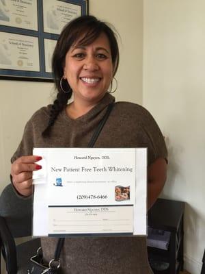 New patient was awarded with a FREE teeth whitening certificate for completing her dental treatment plan! Congrats!