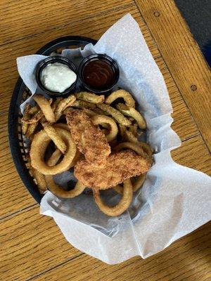 Chicken tenders pickle fries and onion rings