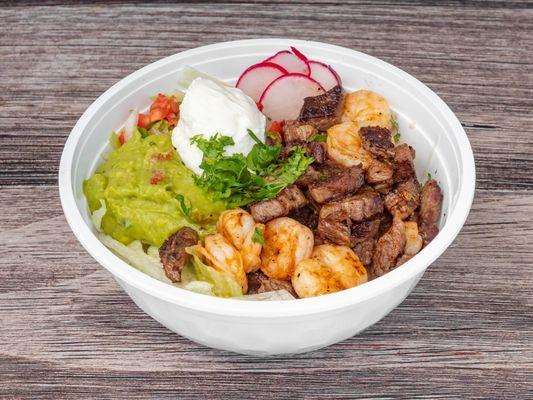 Los Jarochos Steak and Shrimp Burrito Bowl