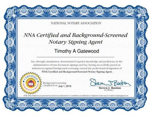 Certified Notary Signing Agent certificate