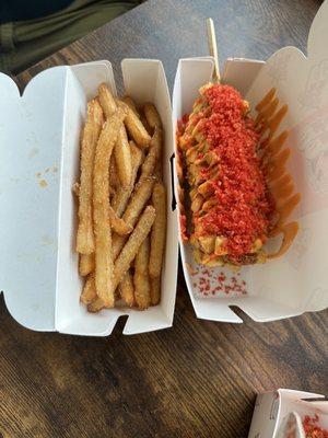 Potato dog (cheese filling) with kimchi seasoned fries