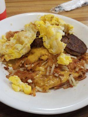 Sausage, egg, and cheese hash brown bowl