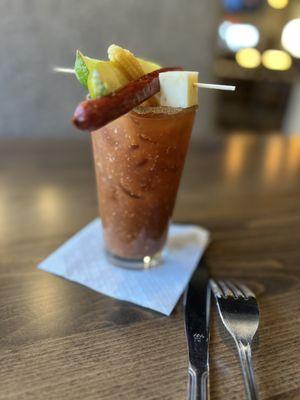 BYO Bloody Mary--Dilled baby corn, pepperoni stick, pickle, pepper jack cheese.