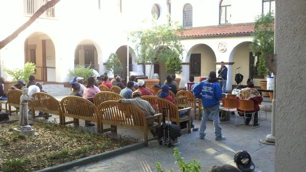 Church in the Park is held in Palmer's courtyard every Saturday morning.