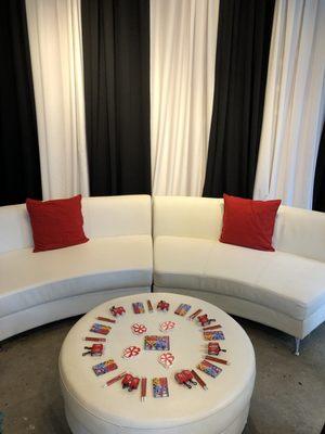 Nice couches and yelp swag