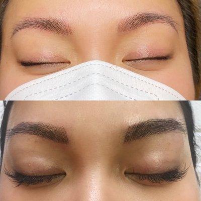 A microblading evolution: bottom photo is 2017 by Vanessa, top photo is 2021 by Vanessa. So natural and feathery