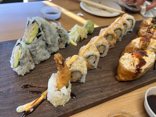 California Roll, crunch infinite roll, crab inari, spicy tuna inari