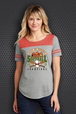 Softball style shirt with 6-color image print on front.