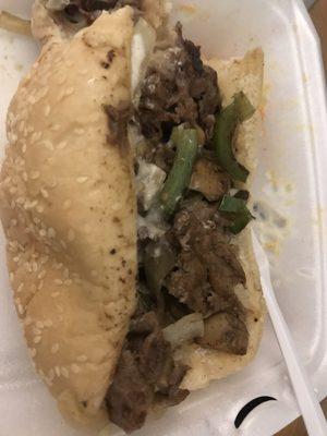 Deluxe Philly cheesecake with onions, mushrooms, green pepper and mayo. Yum!