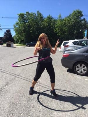 Hooping with Cheryl!  Weighted hoops and a creative instructor get the job done!