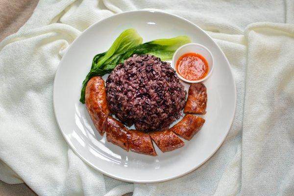 Sticky rice, Asian sausage, veggie side, and pepper sauce