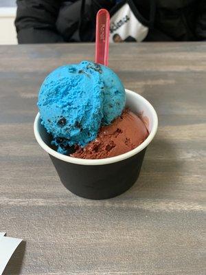 Red velvet gelato and blue gelato