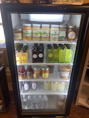 Sea moss, cold pressed organic juices, vegan soups, ginger shots, probiotics