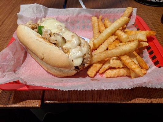 Chicken Philly cheesesteak and fries