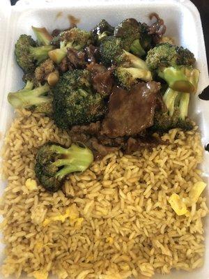 Beef and broccoli with fried rice