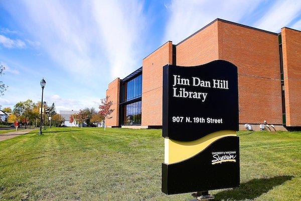 An exterior shot of the Jim Dan Hill Library, Fall 2014.