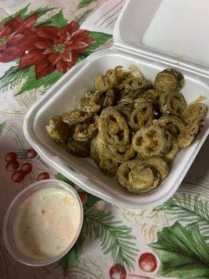 Jalapeño bites (they pickle their own jalapeños) with jalapeño ranch