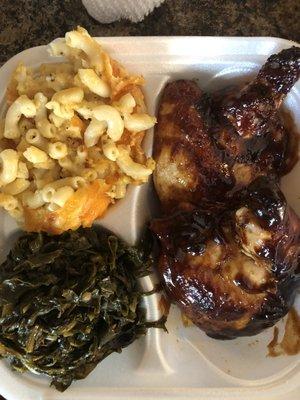 Bourbon BBQ Chicken. Three Cheese Mac Collards