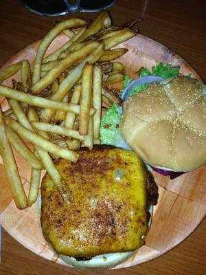 The cajun burger and fries.