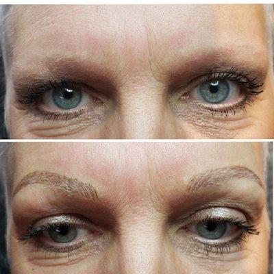 Before and After her permanent microbladed eyebrows