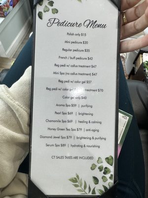 Pedicure menu