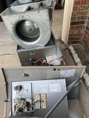 Old furnace, had to be taken apart to get through the attic door.