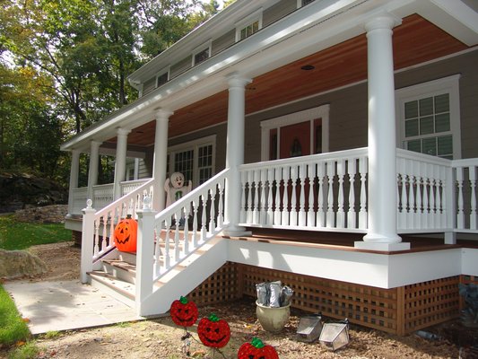 Covered porch detail of home remodel.