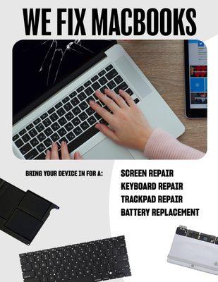 We fix MacBooks. Bring your device in for a screen repair, keyboard repair, trackpad repair, or battery replacement.