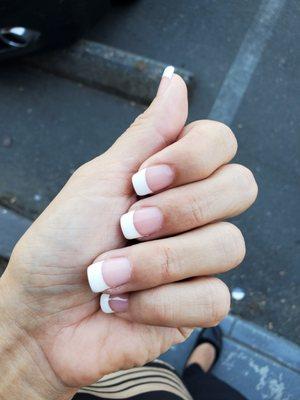 Feel pink & white mani. So glad she suggested doing my owns nails vs acrylics